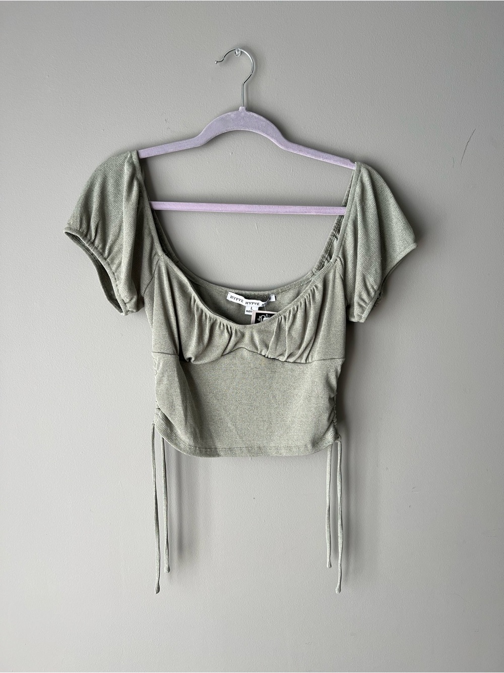 HYFVE Sage Green Ruched Short Sleeve Crop Top with Side Ties